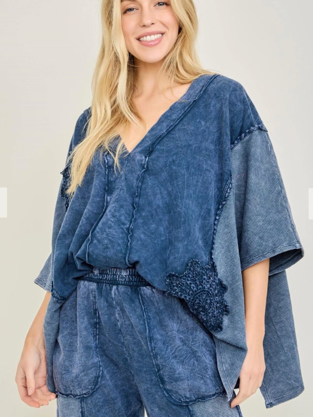 Washed Indigo V-Neck Relaxed Top - Blue